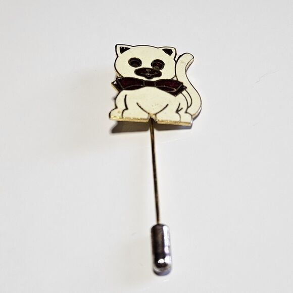 Jewelry - Vintage Gold Tone White Cloisonne Cat With Red Bow Stick Pin Lapel Hat